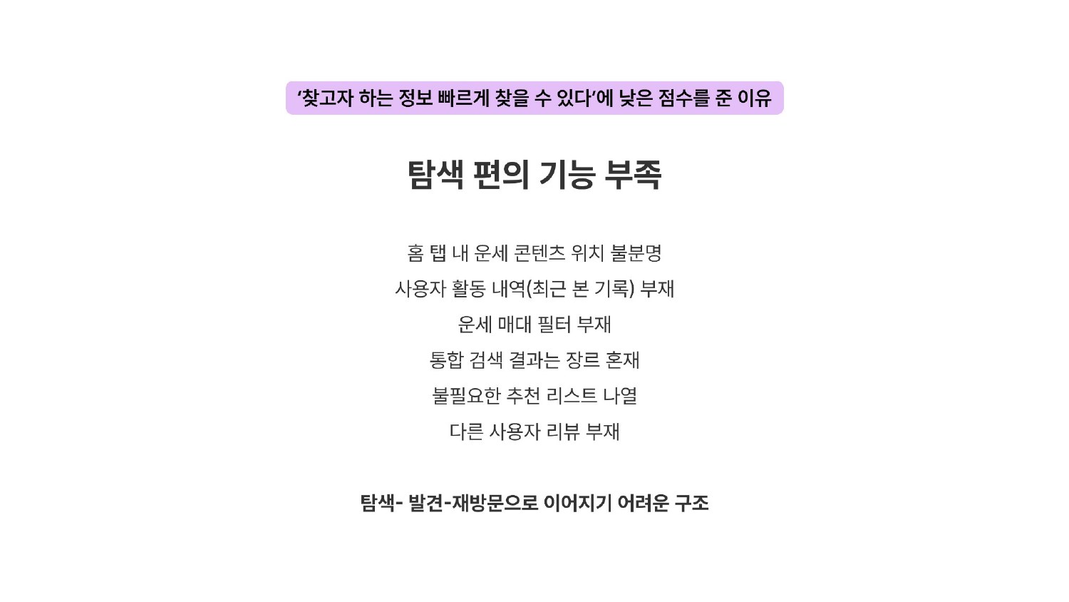 최근 본 기록과 필터, 리뷰의 부재로 콘텐츠를 다시 찾기 어렵다는 고객 의견